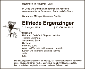 Anzeige von Elfriede Ergenzinger von Reutlinger General-Anzeiger