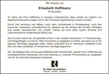 Anzeige von Elisabeth Hoffmann von Reutlinger General-Anzeiger