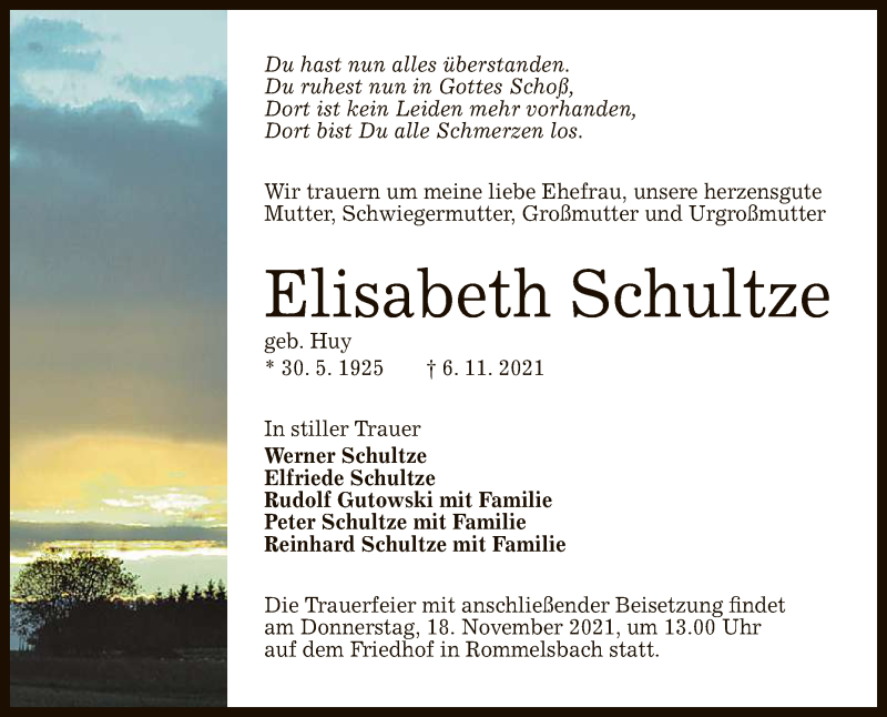  Traueranzeige für Elisabeth Schultze vom 13.11.2021 aus Reutlinger General-Anzeiger