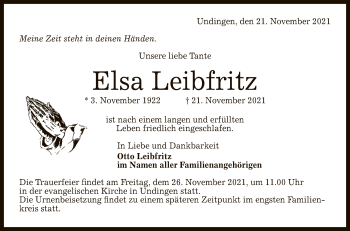 Anzeige von Elsa Leibfritz von Reutlinger General-Anzeiger