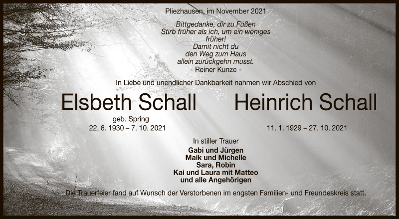  Traueranzeige für Elsbeth und Heinrich Schall vom 11.11.2021 aus Reutlinger General-Anzeiger