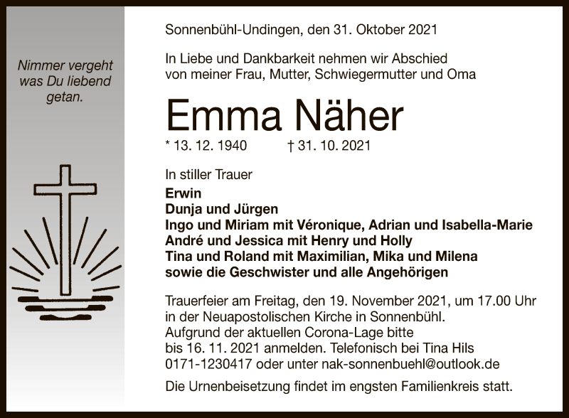  Traueranzeige für Emma Näher vom 15.11.2021 aus Reutlinger General-Anzeiger