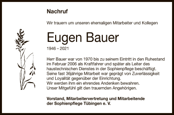 Anzeige von Eugen Bauer von Reutlinger General-Anzeiger