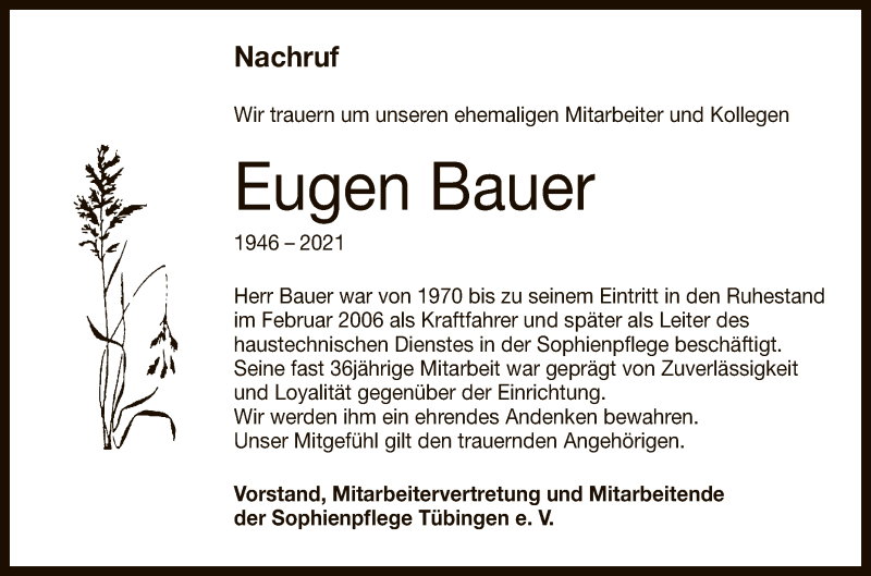  Traueranzeige für Eugen Bauer vom 20.11.2021 aus Reutlinger General-Anzeiger
