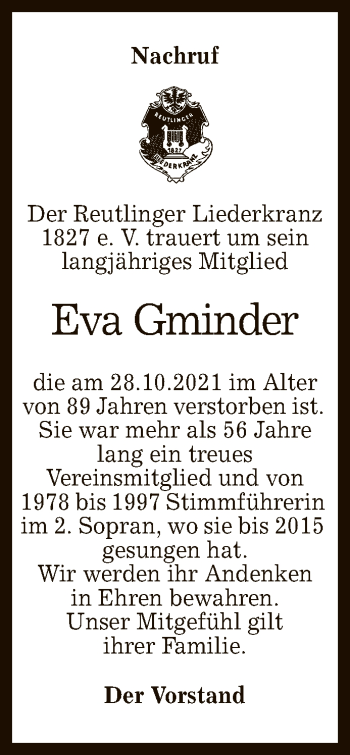 Anzeige von Eva Gminder von Reutlinger General-Anzeiger