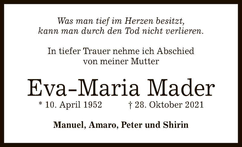  Traueranzeige für Eva-Maria Mader vom 06.11.2021 aus Reutlinger General-Anzeiger