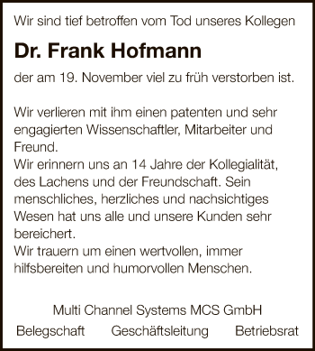 Anzeige von Frank Hofmann von Reutlinger General-Anzeiger