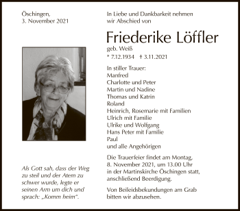 Anzeige von Friederike Löffler von Reutlinger General-Anzeiger