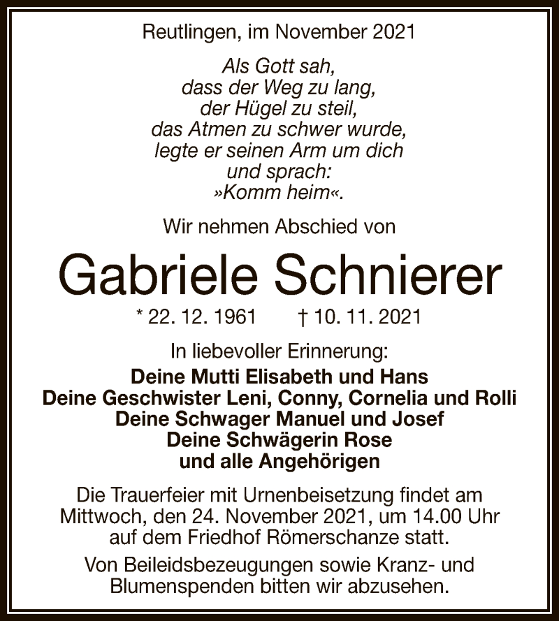  Traueranzeige für Gabriele Schnierer vom 20.11.2021 aus Reutlinger General-Anzeiger