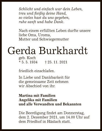 Anzeige von Gerda Burkhardt von Reutlinger General-Anzeiger