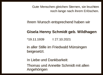 Anzeige von Gisela Henny Schmidt von Reutlinger General-Anzeiger