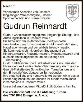 Anzeige von Gudrun Reinhardt von Reutlinger General-Anzeiger