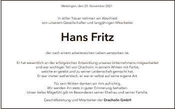 Anzeige von Hans Fritz von Reutlinger General-Anzeiger