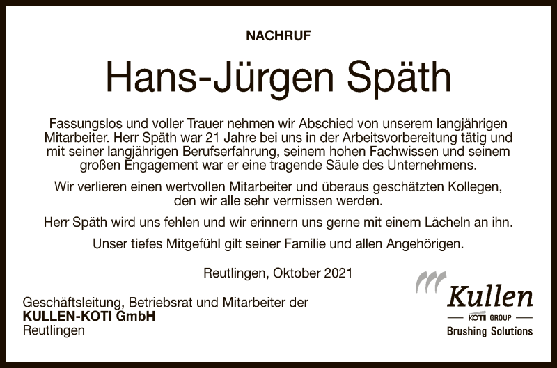  Traueranzeige für Hans-Jürgen Späth vom 09.11.2021 aus Reutlinger General-Anzeiger