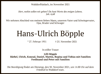 Anzeige von Hans-Ulrich Böpple von Reutlinger General-Anzeiger