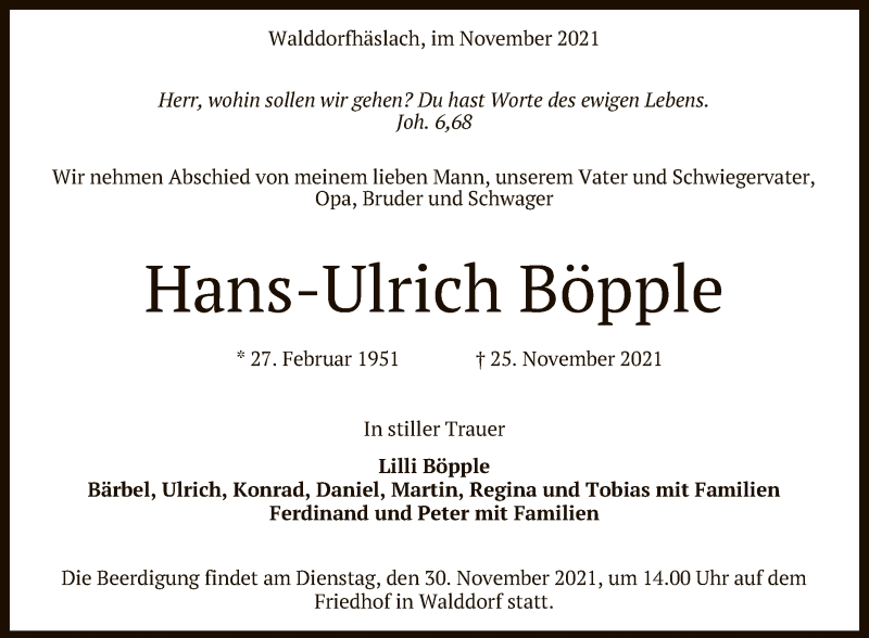  Traueranzeige für Hans-Ulrich Böpple vom 27.11.2021 aus Reutlinger General-Anzeiger