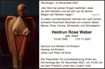 Anzeige von Heidrun Rose Weber von Reutlinger General-Anzeiger