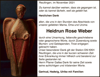 Anzeige von Heidrun Rose Weber von Reutlinger General-Anzeiger