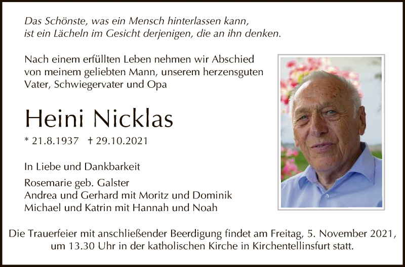  Traueranzeige für Heini Nicklas vom 03.11.2021 aus Reutlinger General-Anzeiger