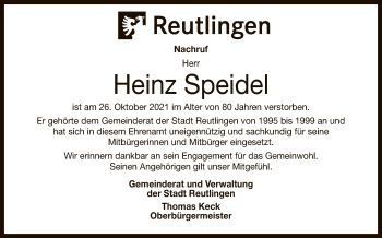 Anzeige von Heinz Speidel von Reutlinger General-Anzeiger