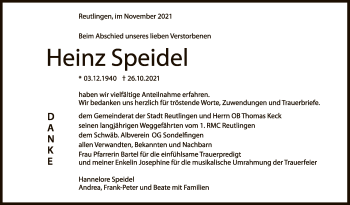Anzeige von Heinz Speidel von Reutlinger General-Anzeiger