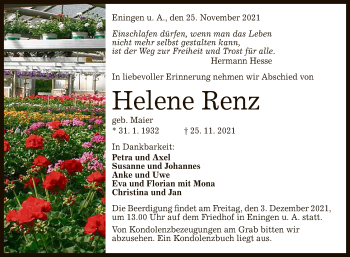 Anzeige von Helene Renz von Reutlinger General-Anzeiger