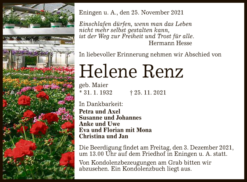  Traueranzeige für Helene Renz vom 30.11.2021 aus Reutlinger General-Anzeiger