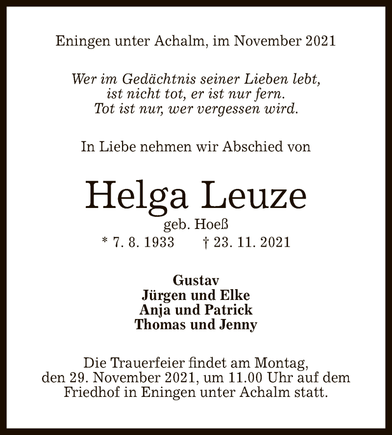  Traueranzeige für Helga Leuze vom 27.11.2021 aus Reutlinger General-Anzeiger