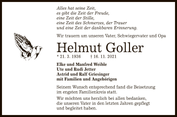 Anzeige von Helmut Goller von Reutlinger General-Anzeiger