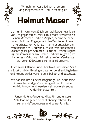 Anzeige von Helmut Moser von Reutlinger General-Anzeiger