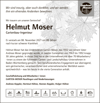 Anzeige von Helmut Moser von Reutlinger General-Anzeiger