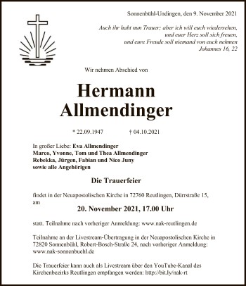 Anzeige von Hermann Allmendinger von Reutlinger General-Anzeiger