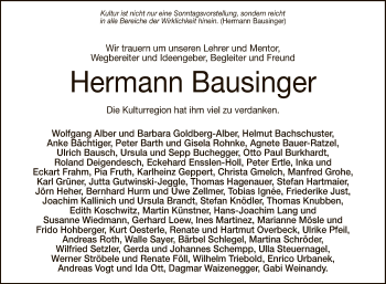 Anzeige von Hermann Bausinger von Reutlinger General-Anzeiger