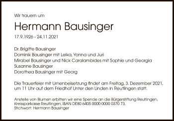Anzeige von Hermann Bausinger von Reutlinger General-Anzeiger