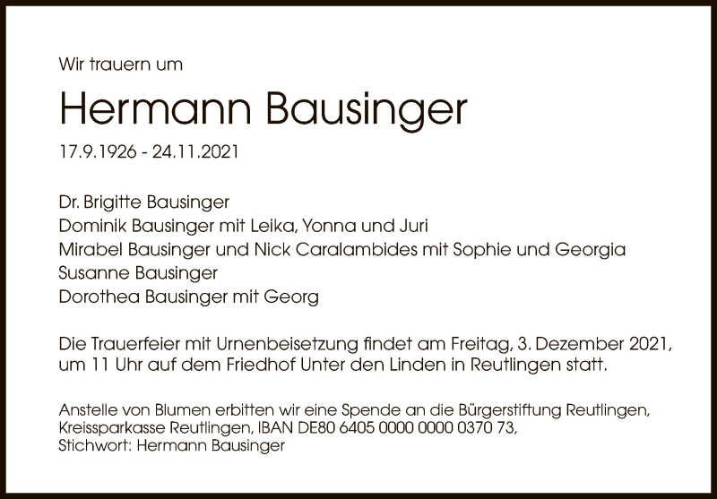  Traueranzeige für Hermann Bausinger vom 27.11.2021 aus Reutlinger General-Anzeiger