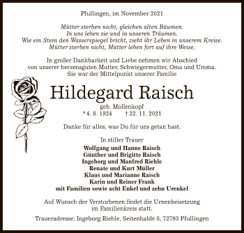 Anzeige von Hildegard Raisch von Reutlinger General-Anzeiger