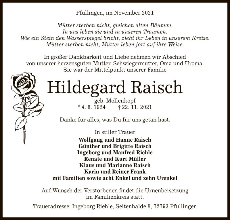  Traueranzeige für Hildegard Raisch vom 27.11.2021 aus Reutlinger General-Anzeiger