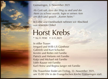 Anzeige von Horst Krebs von Reutlinger General-Anzeiger
