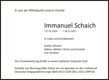 Anzeige von Immanuel Schaich von Reutlinger General-Anzeiger