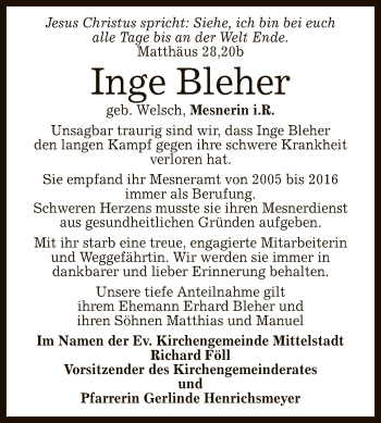 Anzeige von Inge Bleher von Reutlinger General-Anzeiger