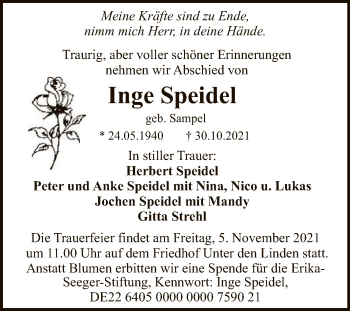 Anzeige von Inge Speidel von Reutlinger General-Anzeiger