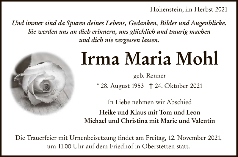  Traueranzeige für Irma Maria Mohl vom 09.11.2021 aus Reutlinger General-Anzeiger