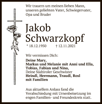 Anzeige von Jakob Schwarzkopf von Reutlinger General-Anzeiger