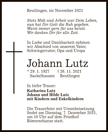 Anzeige von Johann Lutz von Reutlinger General-Anzeiger