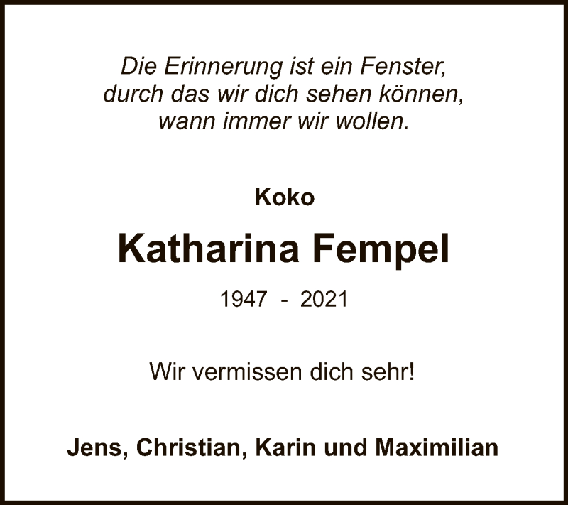  Traueranzeige für Katharina Fempel vom 27.11.2021 aus Reutlinger General-Anzeiger