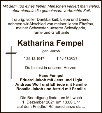 Anzeige von Katharina Fempel von Reutlinger General-Anzeiger