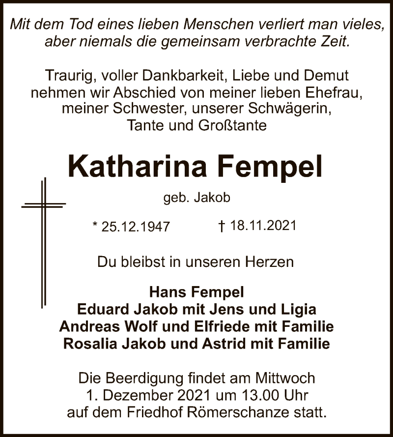  Traueranzeige für Katharina Fempel vom 27.11.2021 aus Reutlinger General-Anzeiger