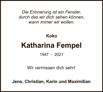 Anzeige von Katharina Fempel von Reutlinger General-Anzeiger