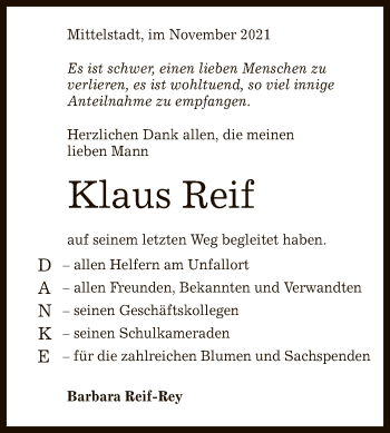 Anzeige von Klaus Reif von Reutlinger General-Anzeiger