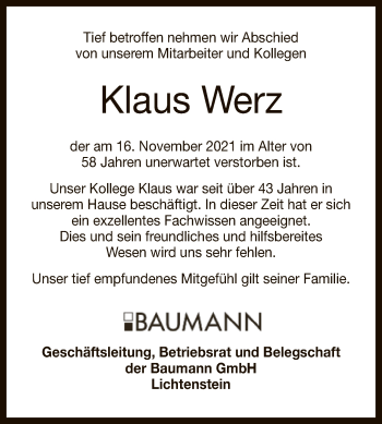 Anzeige von Klaus Werz von Reutlinger General-Anzeiger